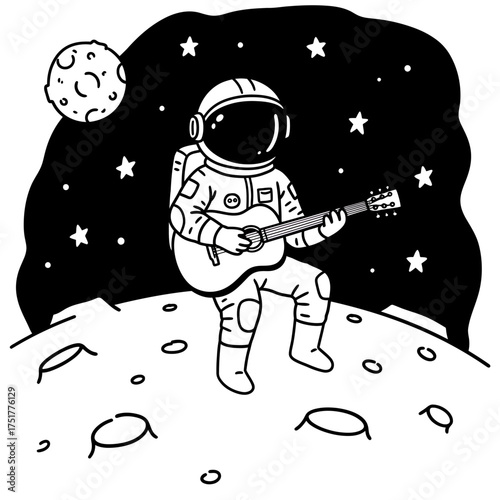 Astronaut Playing Guitar on the Moon with Stars and Planet.