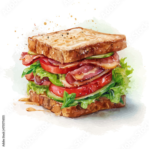 BLT Sandwich watercolor vector, hand-painted style, high-quality illustration isolated on white background.