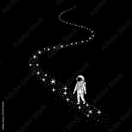 Astronaut walking on a starry path in deep space.