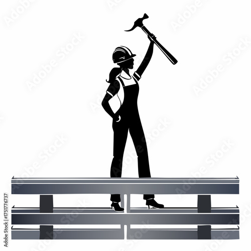 Silhouette of a determined worker holding a hammer aloft atop industrial steel beams symbolizing strength and progress.