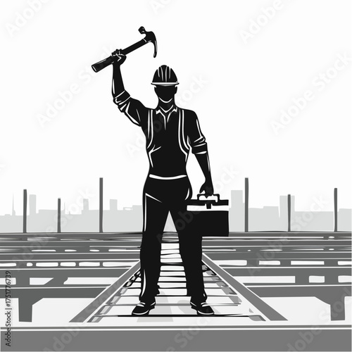 Silhouette of a determined worker holding a hammer aloft atop industrial steel beams symbolizing strength and progress.