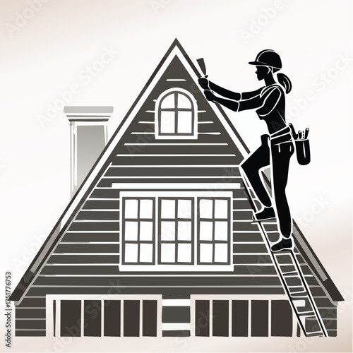 Skilled roofer silhouette working on a steeply pitched house roof with gable window
