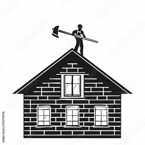 Skilled roofer silhouette working on a steeply pitched house roof with gable window