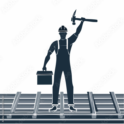 Silhouette of a determined worker holding a hammer aloft atop industrial steel beams symbolizing strength and progress.