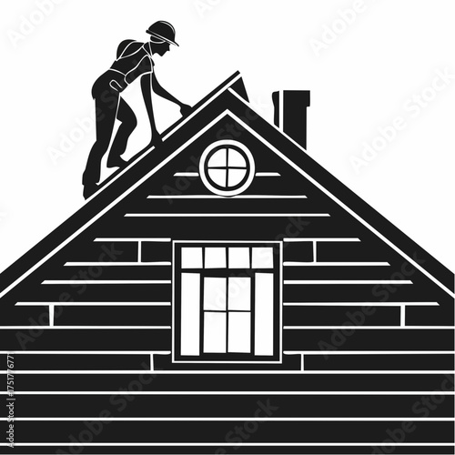 Skilled roofer silhouette working on a steeply pitched house roof with gable window