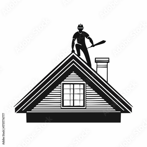 Skilled roofer silhouette working on a steeply pitched house roof with gable window