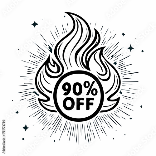Fiery hot 90% off sale icon bursting with excitement and discount savings