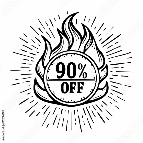 Fiery hot 90% off sale icon bursting with excitement and discount savings