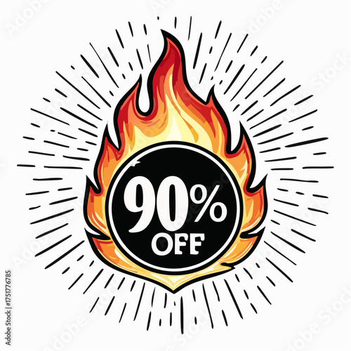 Fiery hot 90% off sale icon bursting with excitement and discount savings