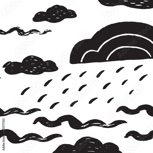Abstract Cloud and Rain Illustration in Black and White Minimalist Weather Art Design