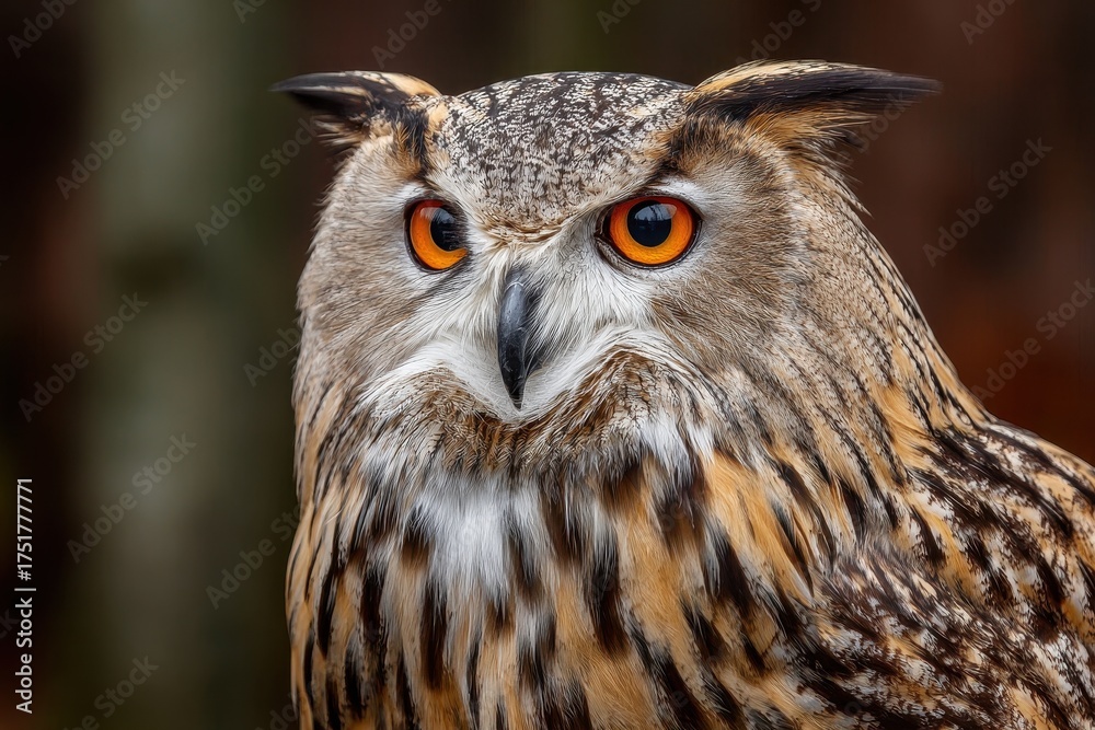 Fototapeta premium Close up portrait of an owl with piercing orange eyes