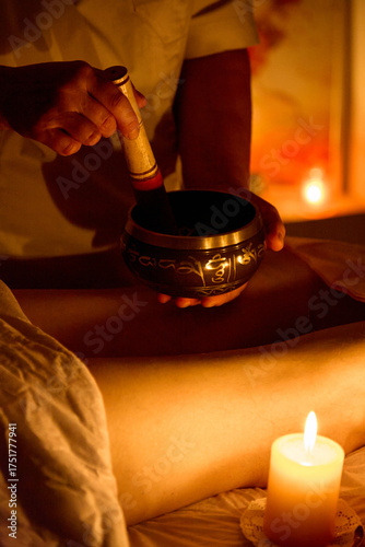 Foot massage by candlelight by sounds of Tibetan singing bowl