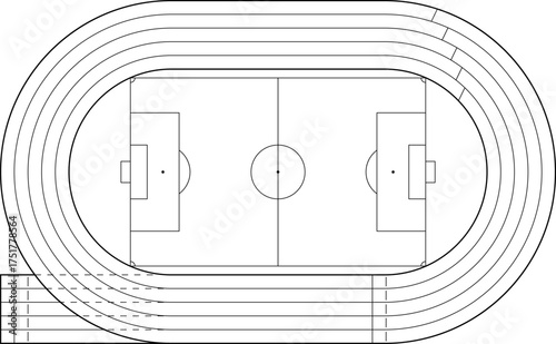 Running athletics track with soccer stadium. Top view of arena field with lines and marks. Stadium, race track, arena and field or cycling venue, field for sports competitions. Vector or png image.