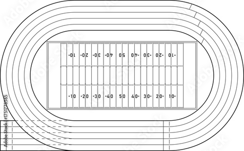 Running athletics track with soccer stadium. Top view of arena field with lines and marks. Stadium, race track, arena and field or cycling venue, field for sports competitions. Vector or png image.