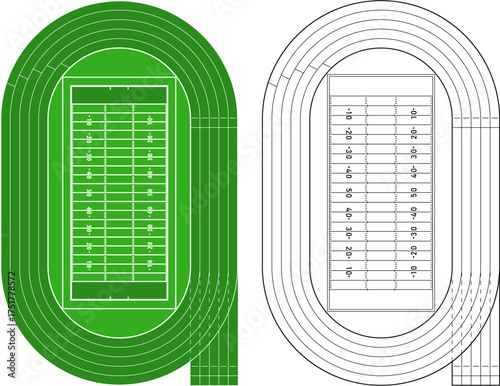 Running athletics track with soccer stadium. Top view of arena field with lines and marks. Stadium, race track, arena and field or cycling venue, field for sports competitions. Vector or png image.