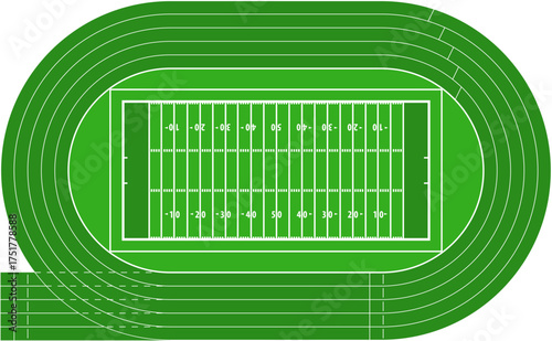 Running athletics track with soccer stadium. Top view of arena field with lines and marks. Stadium, race track, arena and field or cycling venue, field for sports competitions. Vector or png image.