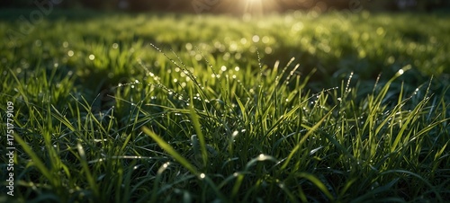 Close up of morning grass with dew drops