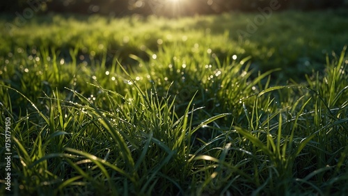 Close up of morning grass with dew drops