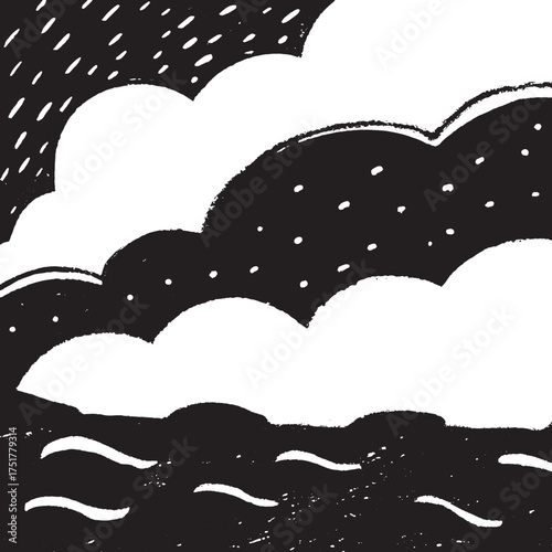 Minimalist Cloud and Ocean Illustration in Black and White Abstract Nature Art Design