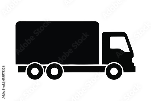 Silhouette of a black box truck with three axles transporting goods