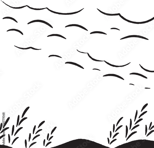 Minimalist Landscape Line Art in Black and White Hand-Drawn Nature Illustration Design