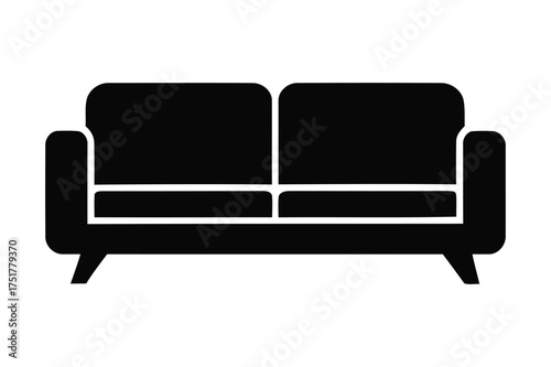Simple black icon of a modern two-seater sofa with clean lines and angled legs