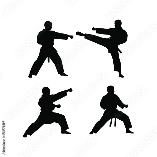 Dynamic martial arts silhouettes four karate fighters performing combat techniques