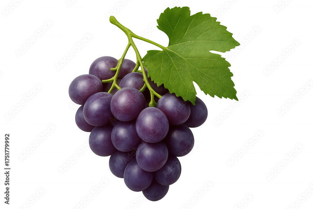 Obraz premium Purple grape bunch with green leaf, fresh autumn fruit, healthy eating and sweet raw food concept
