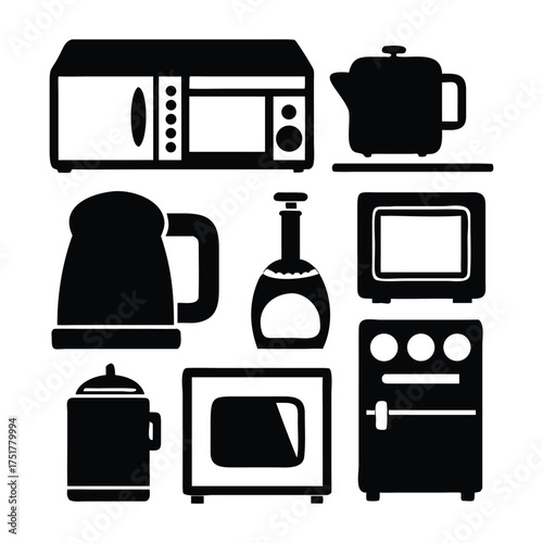 Collection of kitchen appliances depicted in a grayscale silhouette