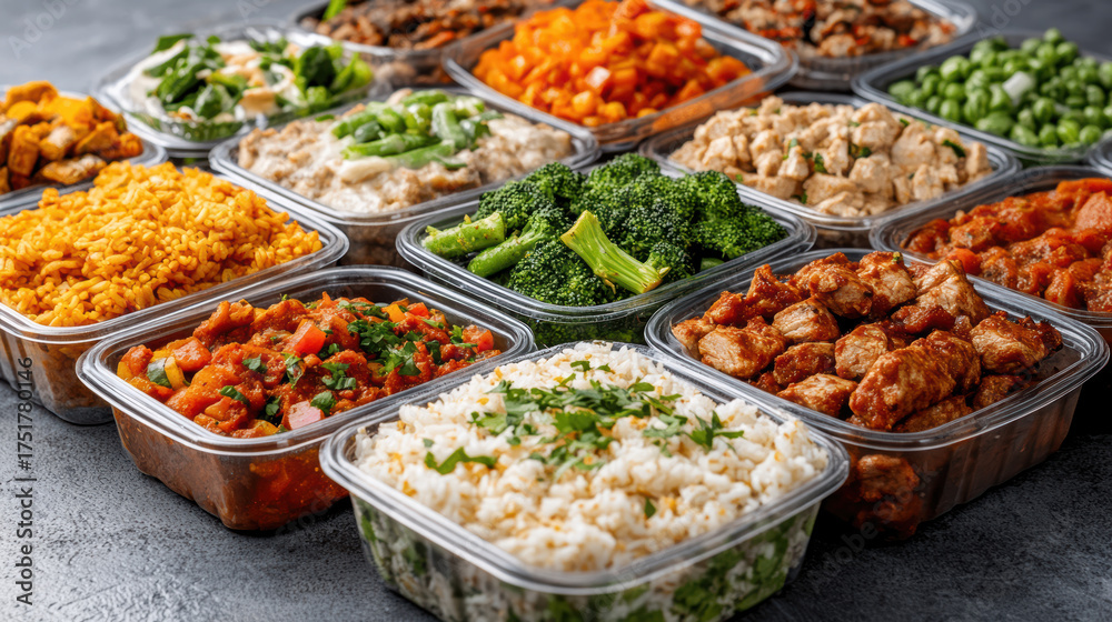 Fototapeta premium Meal prep containers filled with colorful, healthy dishes ready for freezing