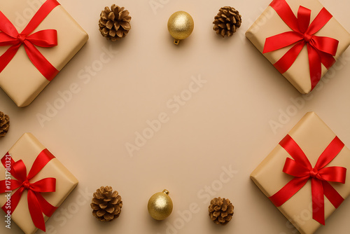 Flat lay frame of holiday presents and ornaments with central copy space