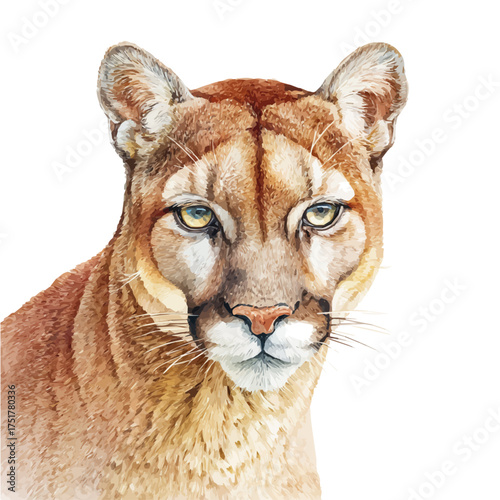 Stylized watercolor Cougar vector, modern artistic illustration with high-quality details on a pure white background.
