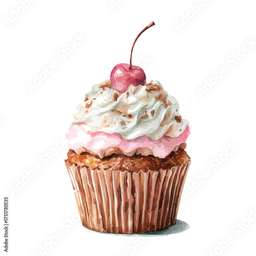 Stylized watercolor Cupcake vector, modern artistic illustration with high-quality details on a pure white background.