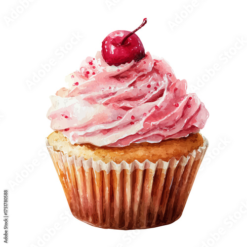 Cupcake watercolor vector illustration, high-quality artwork isolated on a pure white background.
