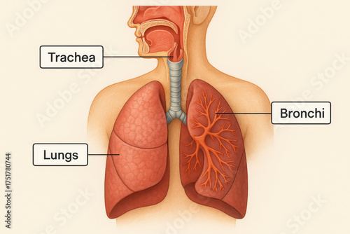 Trachea, bronchi, and lungs are shown in cross section of human respiratory system, highlighting airway and organ structure in medical illustration