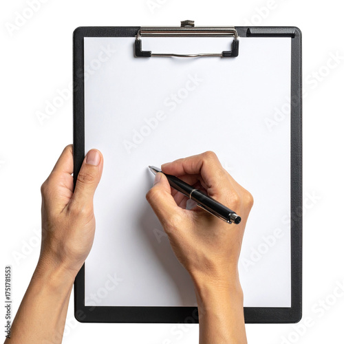 Hands writing on a blank clipboard with a pen.