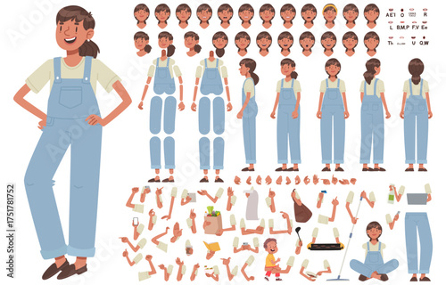 Character constructor of a young, thrifty woman, housewife, and mother. A set of arm, leg, and head positions for animation