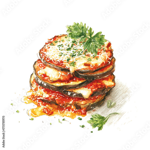 Eggplant Parmesan watercolor vector illustration, high-quality artwork isolated on a pure white background.