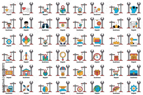 A collection of icons for various things, including a wrench, a building