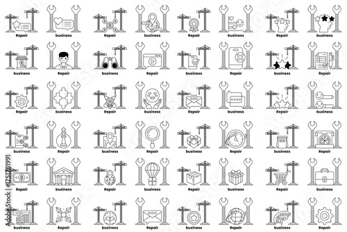 A collection of icons for various things, including a wrench, a building