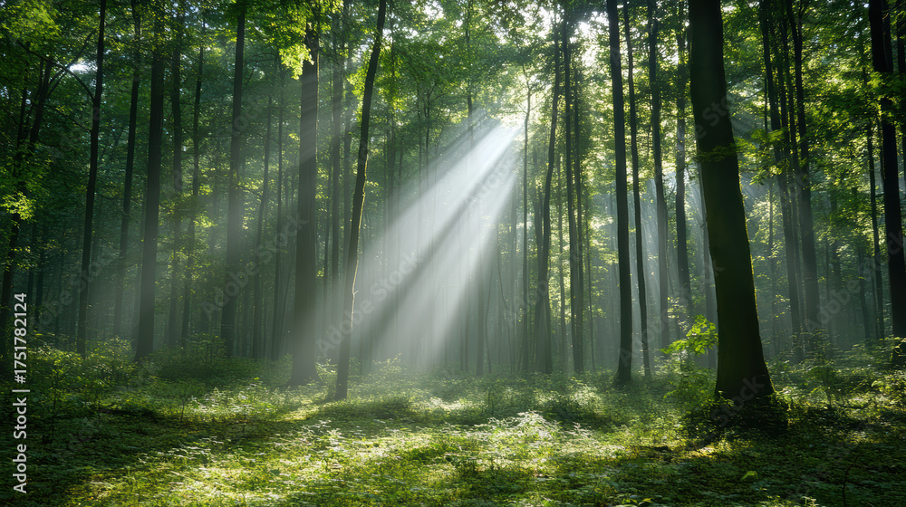 Fototapeta premium Sunlight breaking through trees in misty forest creates serene atmosphere