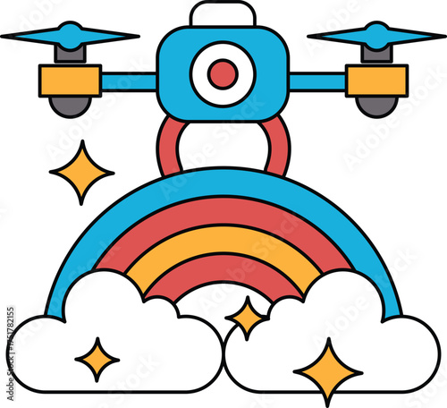 A black and white drawing of a rainbow with a camera on top of it