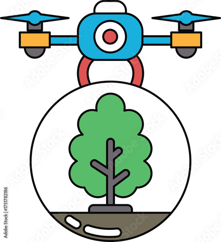 A drone is hovering over a tree