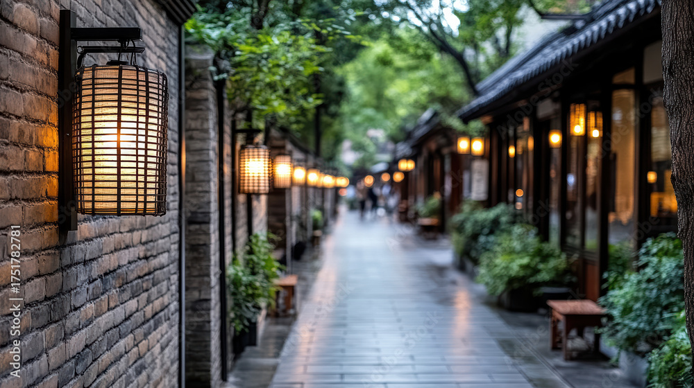Fototapeta premium Lanterns illuminate serene alleyway in preserved city, creating warm and inviting atmosphere