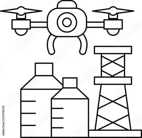 A black and white drawing of a drone flying over a power plant and a water tower