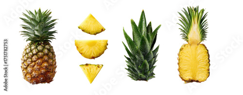 Four pineapples, whole and sliced
