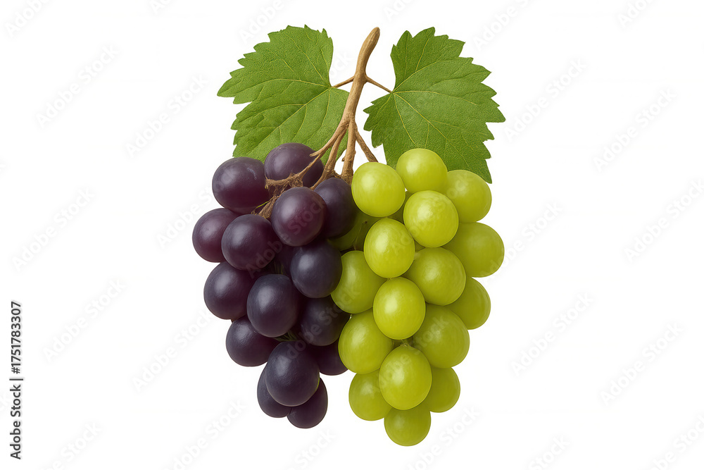 Fototapeta premium Fresh green and purple grapes on vine with leaves, healthy food ingredient, fruit snack with transparent background
