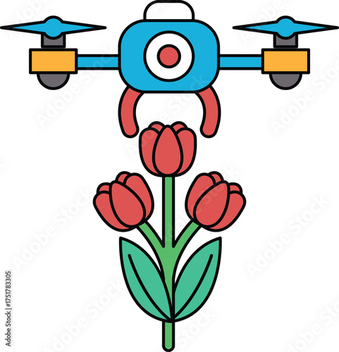A black and white drawing of a flower with a drone in the middle