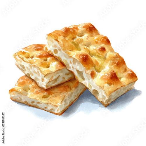 Focaccia watercolor artwork, high-quality professional vector illustration isolated on a white background.
