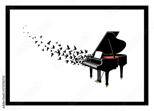 Piano Keys Dissolving into Birds - Surreal Vector Art